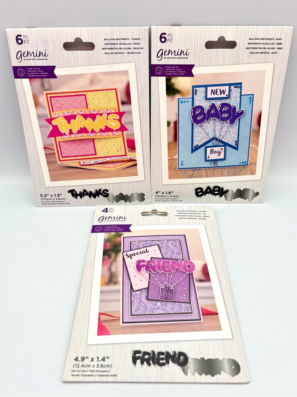 3 Gemini Stamp & Dies Sets - THANKS, BABY, FRIEND for card making or crafting